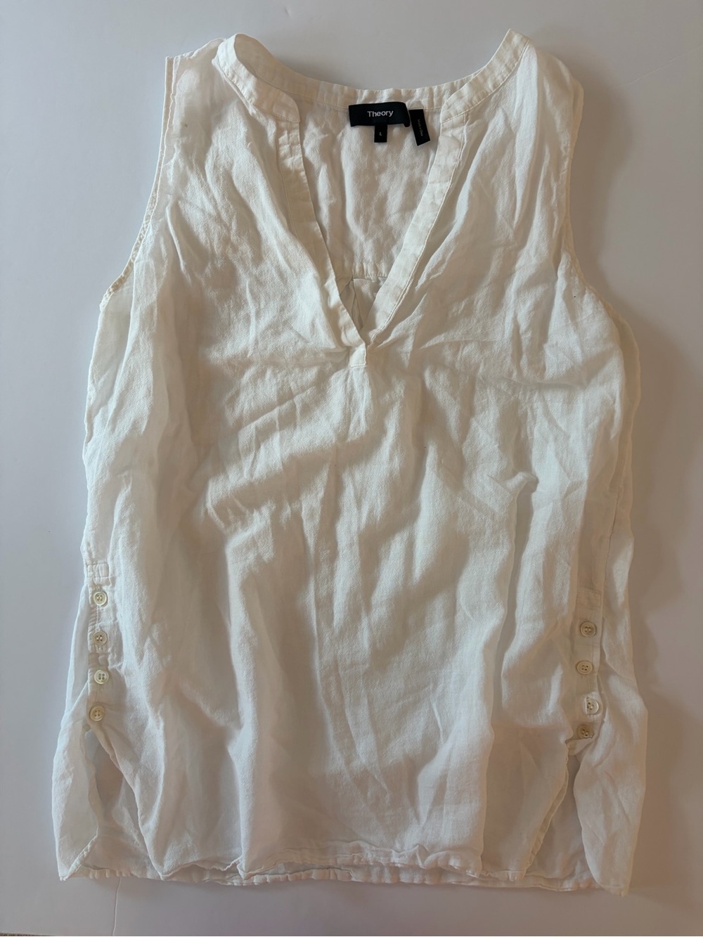 Theory Women's Cream Sleeveless Blouse Side Button Details Linen Blend Size L